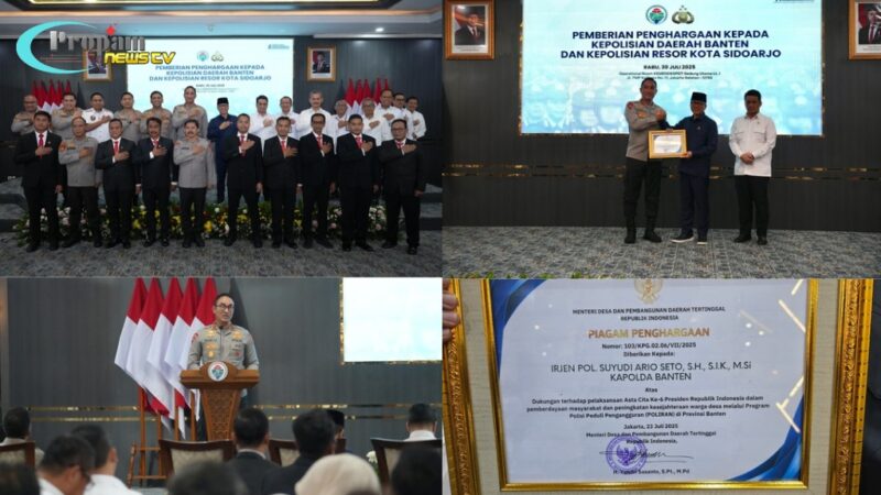 Foto : Kapolda Banten bersama jajaran menerima penghargaan dari Kementerian Desa dan Pembangunan Daerah Tertinggal (Kemendes PDT) atas kontribusinya dalam pengembangan program Poliran