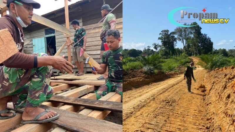 Foto : Anggota Satgas bahu-membahu membangun jalan penghubung antar desa, jembatan, serta sasaran fisik lainnya