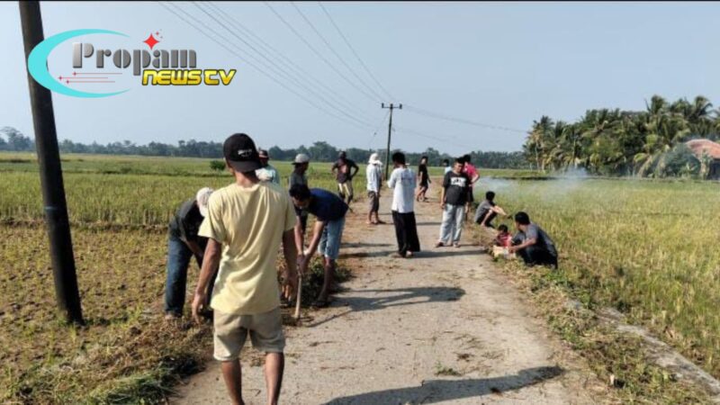 Foto : Kepala Desa Pagelaran bersama masyarakat desa melaksanakan kegiatan gotong royong membersihkan pinggiran jalan poros desa