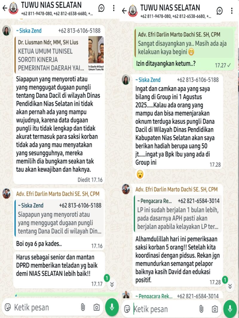 Foto : Keterangan percakapan digrup tuwu nias selatan di whatsapp, Siska Zed Tantang Siapa Saja Ungkap Fakta : 