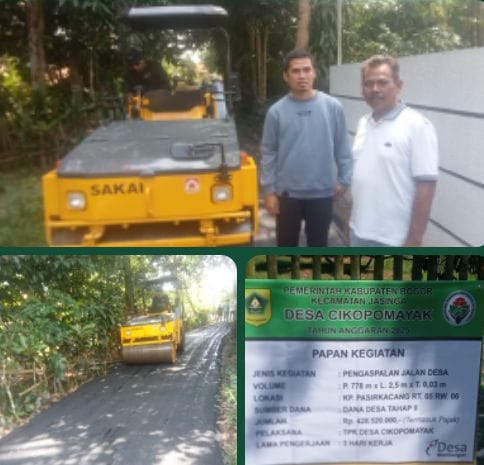 Foto : Pemerintah Desa Cikopomayak melaksanakan proyek pengaspalan jalan di Kampung Pasirkacang RT 05 RW 06