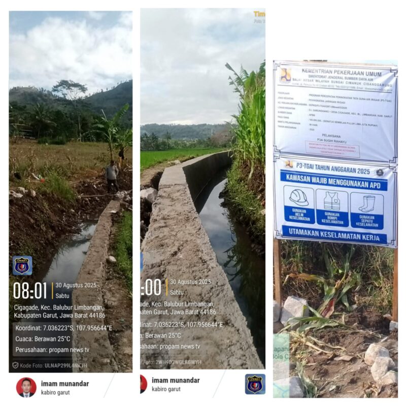 Foto : Pembangunan saluran irigasi P3-TGAI yang dikelola oleh Balai Besar Wilayah Sungai (BBWS) Cimanuk-Cisanggarung, Kementerian pekerjaan umum