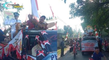 Foto : Arak-arakan menuju Alun-Alun Kecamatan Pagelaran untuk mengikuti upacara bendera dan perayaan bersama