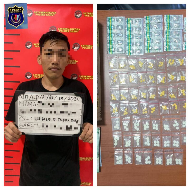 Foto : Pelaku dan barang bukti obat keras yang diduga jenis Tramadol, Hexymer, dan Double Y