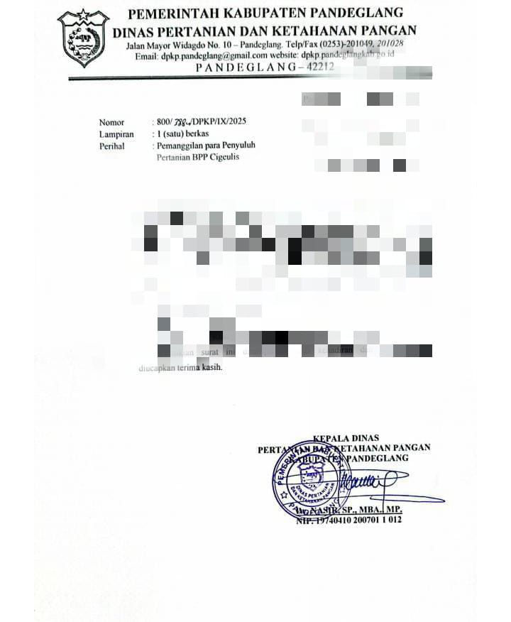 Foto : Surat pemanggilan para Penyuluh BPP Cigeulis