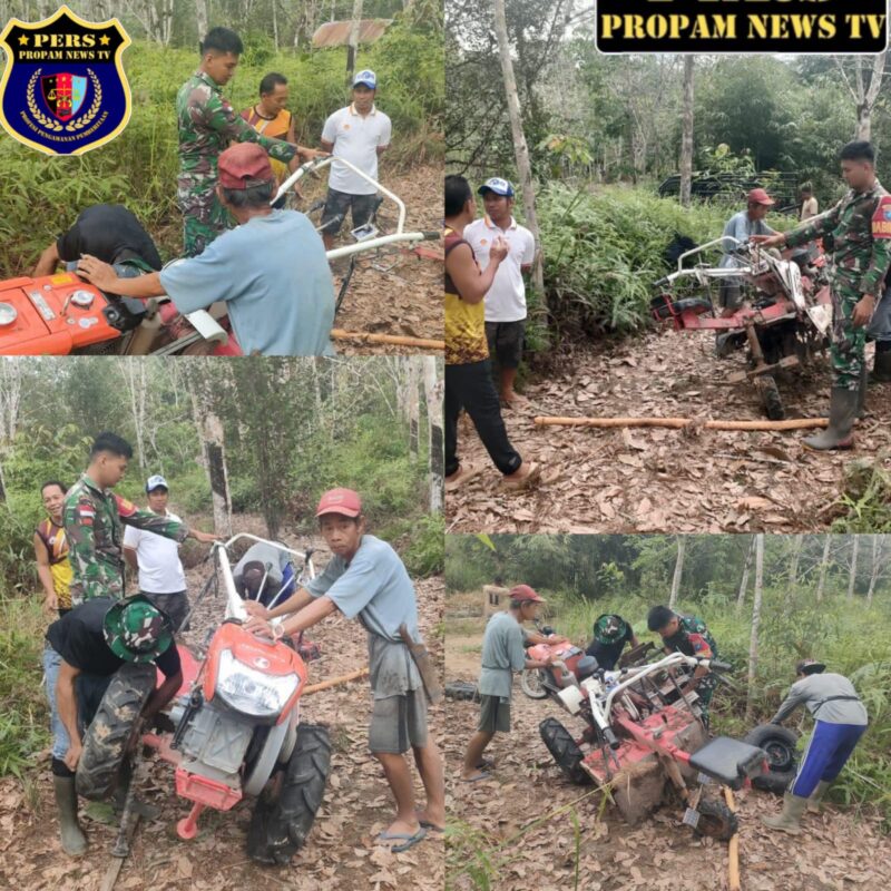 Foto : Babinsa 14 Hulu Gurung Bersama Petani Atasi Hambatan Hand Traktor Areal Persawahan