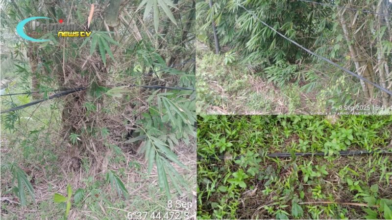 Foto : Kabel listrik PLN yang dibiarkan terjuntai di tanah yang posisinya berada di pinggir jalan yang setiap hari dilalui kendaraan maupun pejalan kaki