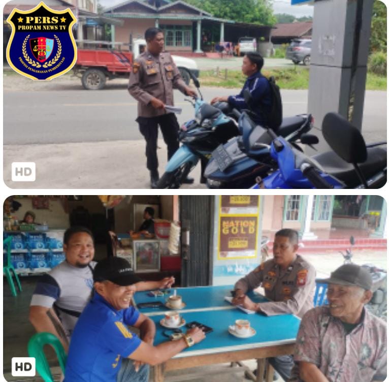 Foto : Jajaran Polsek Mandor laksanakan kegiatan patroli dialogis dengan menyambangi warga yang tengah berkumpul di salah satu warung di wilayah Kecamatan Mandor, Kabupaten Landak